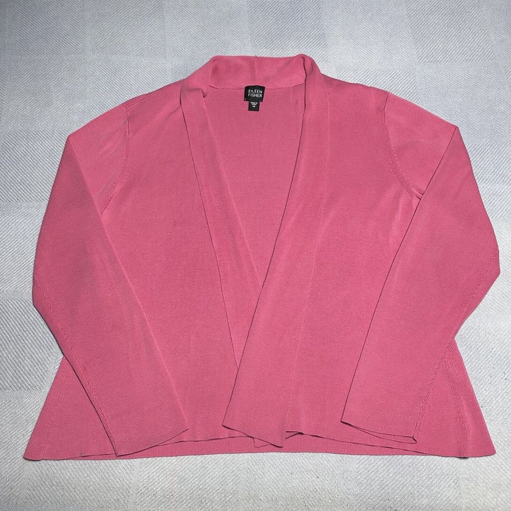 Eileen Fisher Pink Silk Blend Rib Knit Open Cardigan Sweater Women's Size Medium